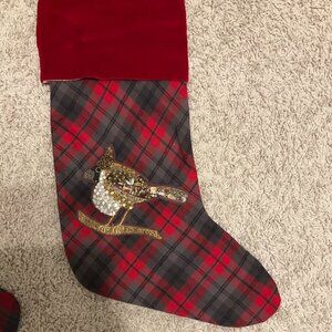 pottery barn jeweled cardinal btrd plaid christmas stocking.